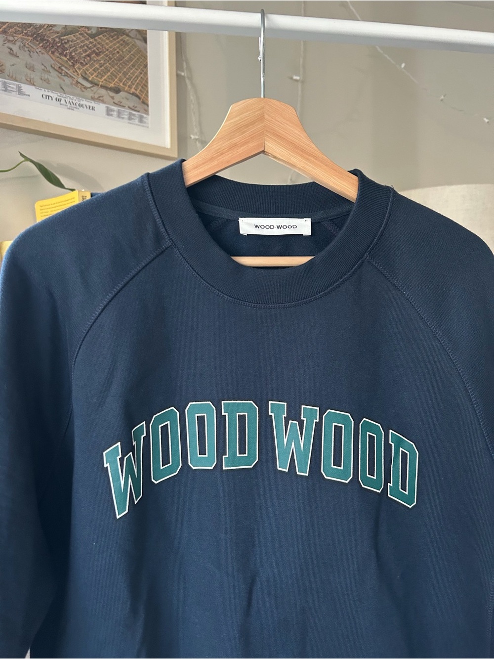 Wood Wood Navy Crewneck with Teal-Aqua Logo